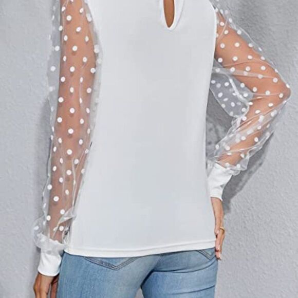 Blooming Jelly Womens Mock Neck Tops Mesh Long Sleeve Shirts Polka Dot Ruffle - Picture 2 of 5